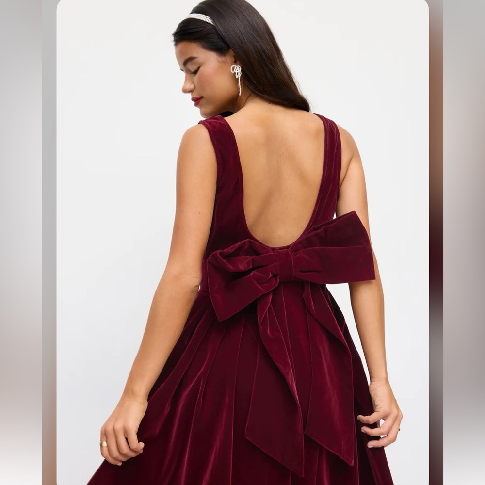 Cider VELVET BOAT NECK BOWKNOT BACKLESS MIDI BURGUNDY CHIC DRESS M Wc19-9